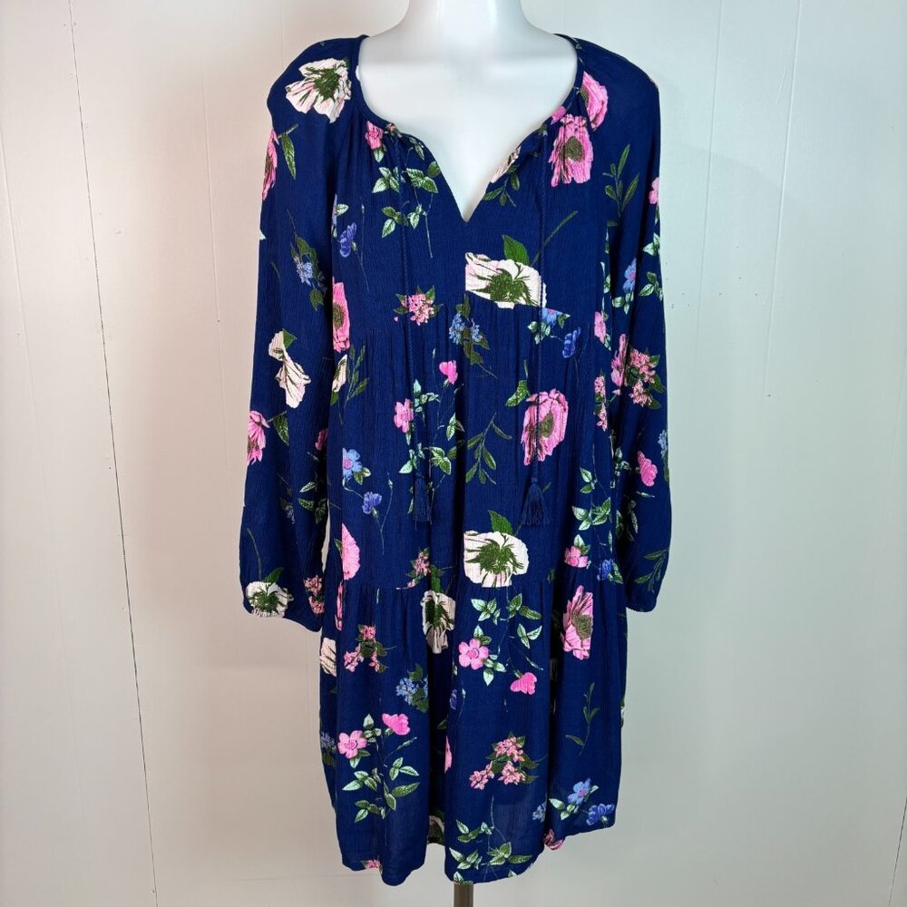 Old Navy Dress Small Blue Floral Tiered Tie-Neck Long Sleeves Boho‎ Women's